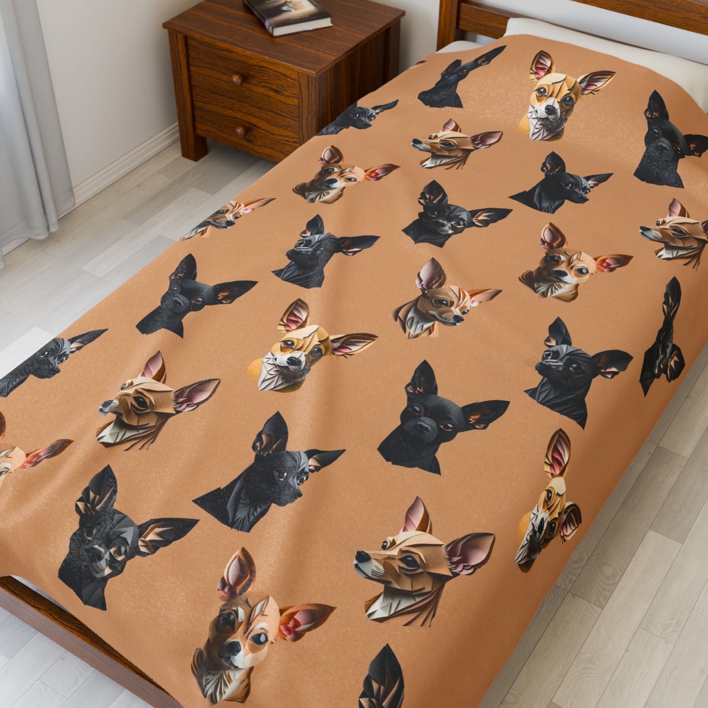 Chihuahua Charm Velveteen Plush Blanket - Fawn and Black Chihuahua Design