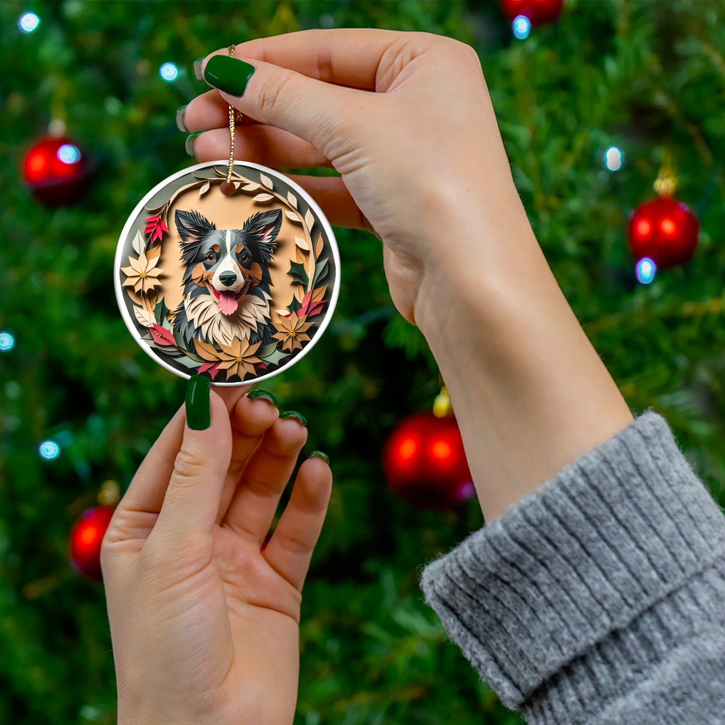 Border Collie Collectible Ceramic Christmas Ornament - Vintage Papercut Inspired Design