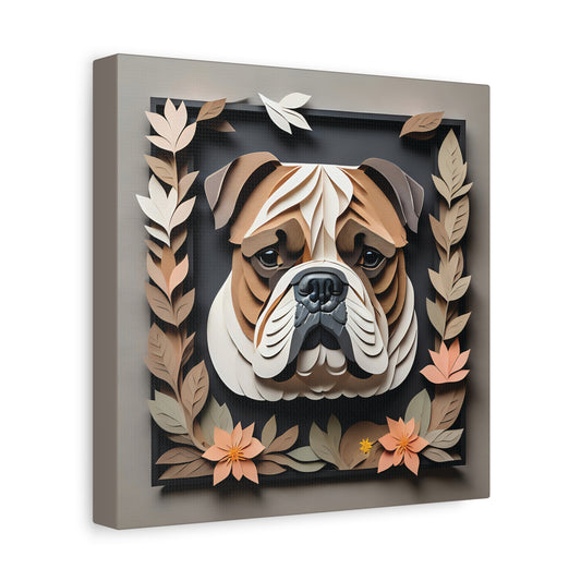 3D Illusion English Bulldog Art - Beige & Black Framed Canvas with Pastel Leaves