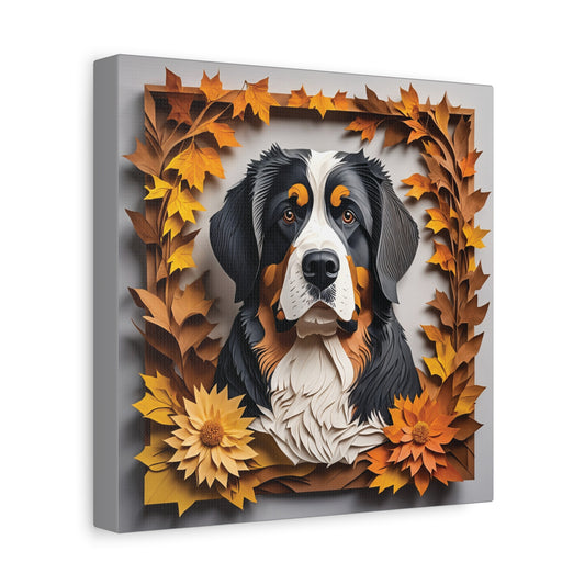 Bernese Mountain Dog Portrait in Fall Leaves, Bernese Mt. Dog Canvas Wrap, 3D Illusion Art with Name Personalization