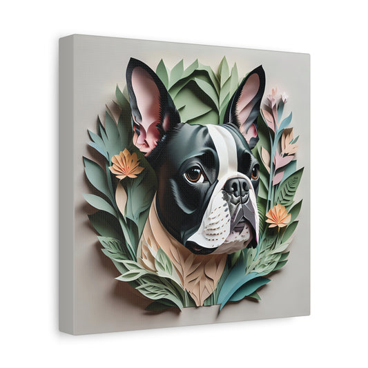 Boston Terrier Portrait with Personalized Name - Floral Canine Art Print on Canvas