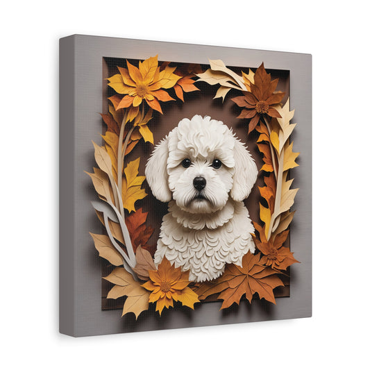 Bichon Frisé in Fall Leaves Canvas Wrap, Name Personalization Dog Portrait, Bichon Frisé Lover Perfect Gift