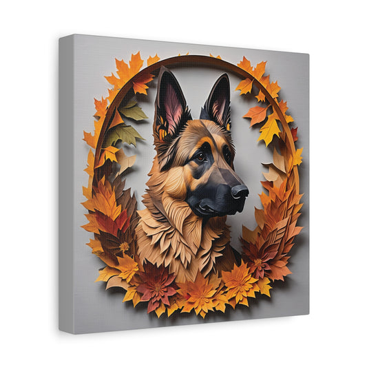 German Shepherd Canvas with Fall Leaves Wreath - Craft Style 3D Illusion Art with Name Personalization