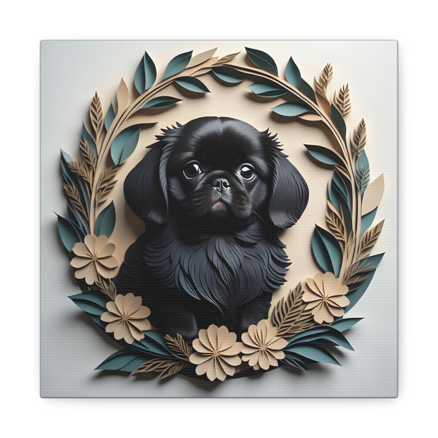 Black Pekingese in a Wreath Canvas Wrap - Pekingese Dog Memorial Gift or Decor