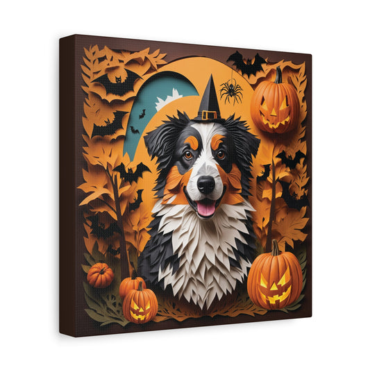 Australian Shepherd in Witch Hat - Personalized Halloween Canvas Print