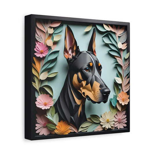 Doberman Canvas Portrait in Faux Black Frame - Dobie Lover Wall Art with Name Personalization
