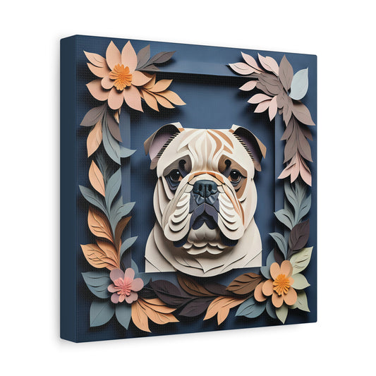 Charming Faux Papercut Bulldog Canvas on Navy Background- 3D Illusion Floral Decor