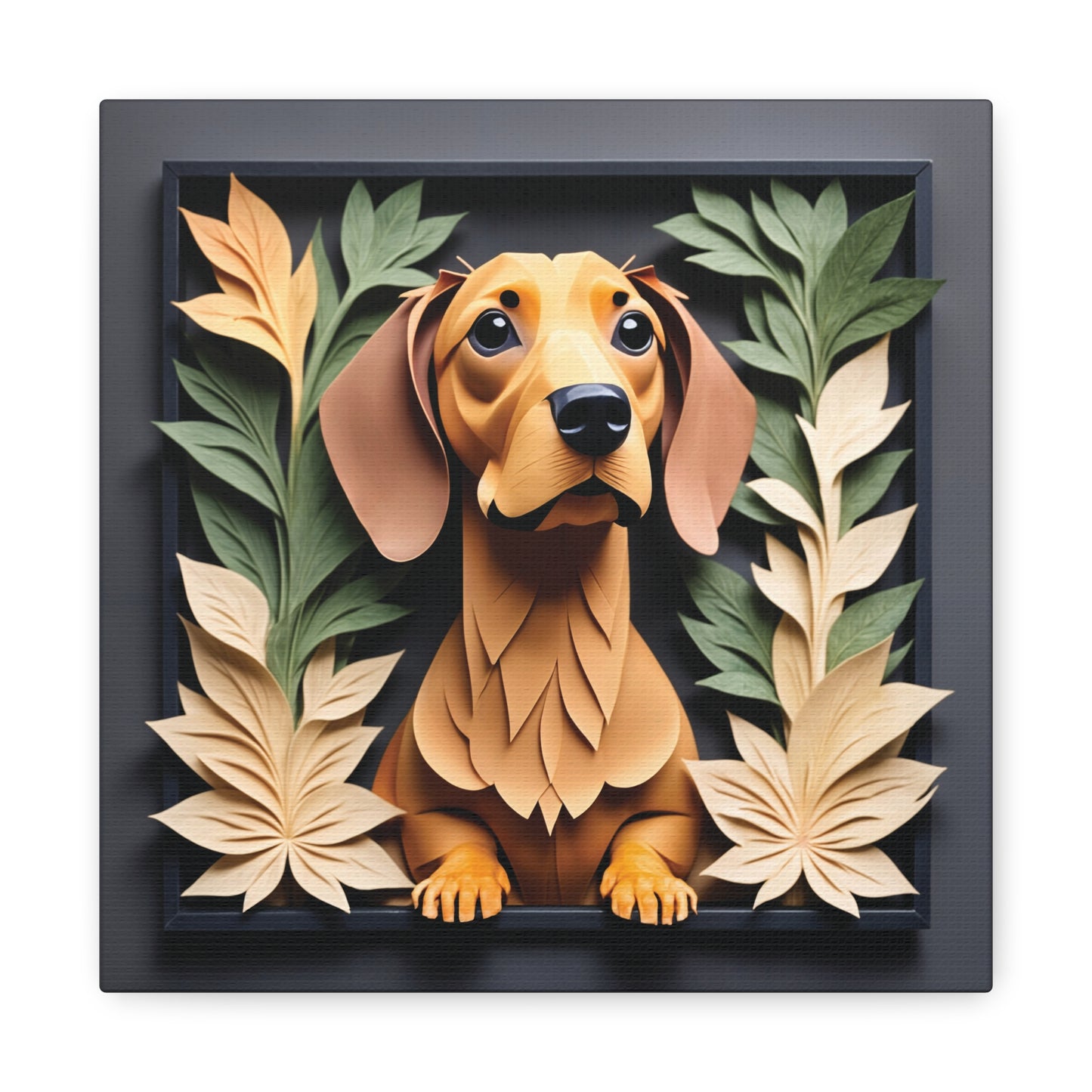 Brown Dachshund Floral Frame Wall Art - 3D Illusion Dog Portrait Canvas