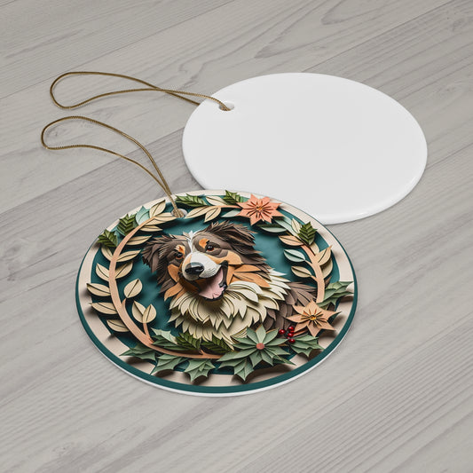 Australian Shepherd Collectible Dog Breed Ceramic Ornament - Vintage Papercut Inspired Design