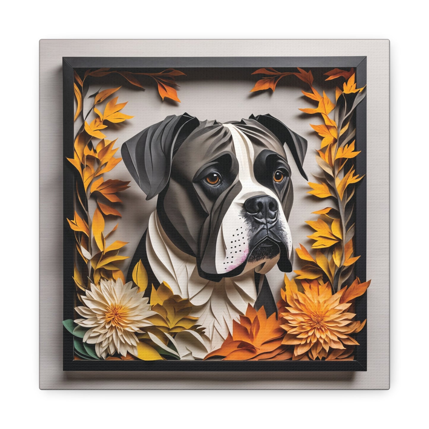 Black Boxer Dog Fall Art - Canvas Print 3D Illusion Art with Name Personalization
