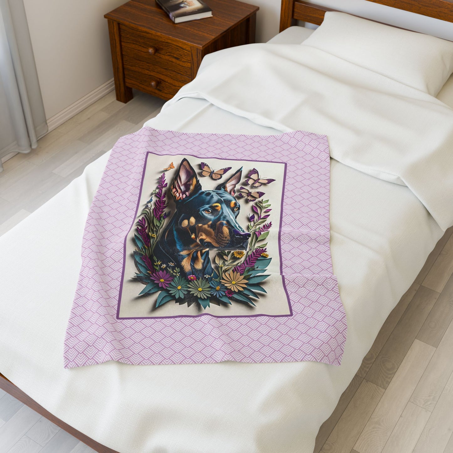 Doberman Portrait with Butterflies Velveteen Plush Blanket - Doberman Lover Throw Blanket
