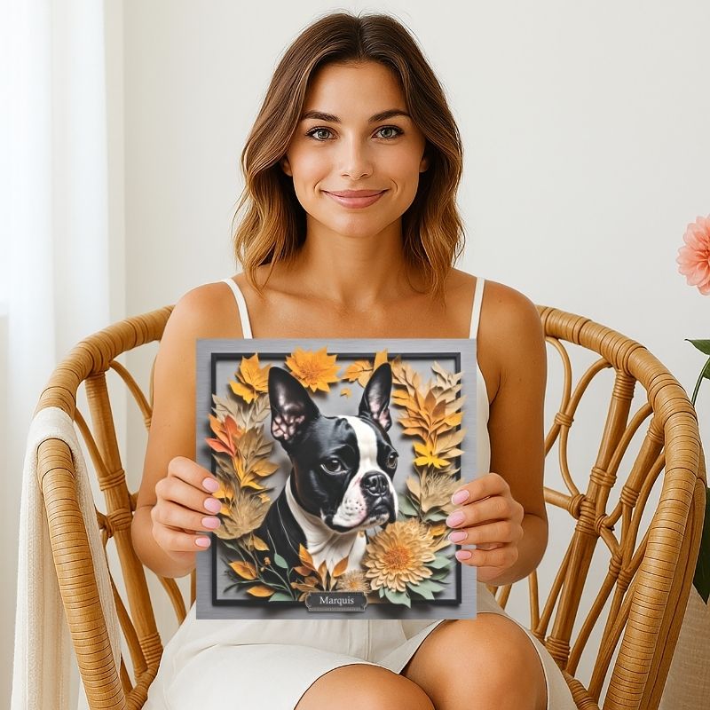 Boston Terrier Fall Art - Canvas Print 3D Illusion Art with Name Personalization