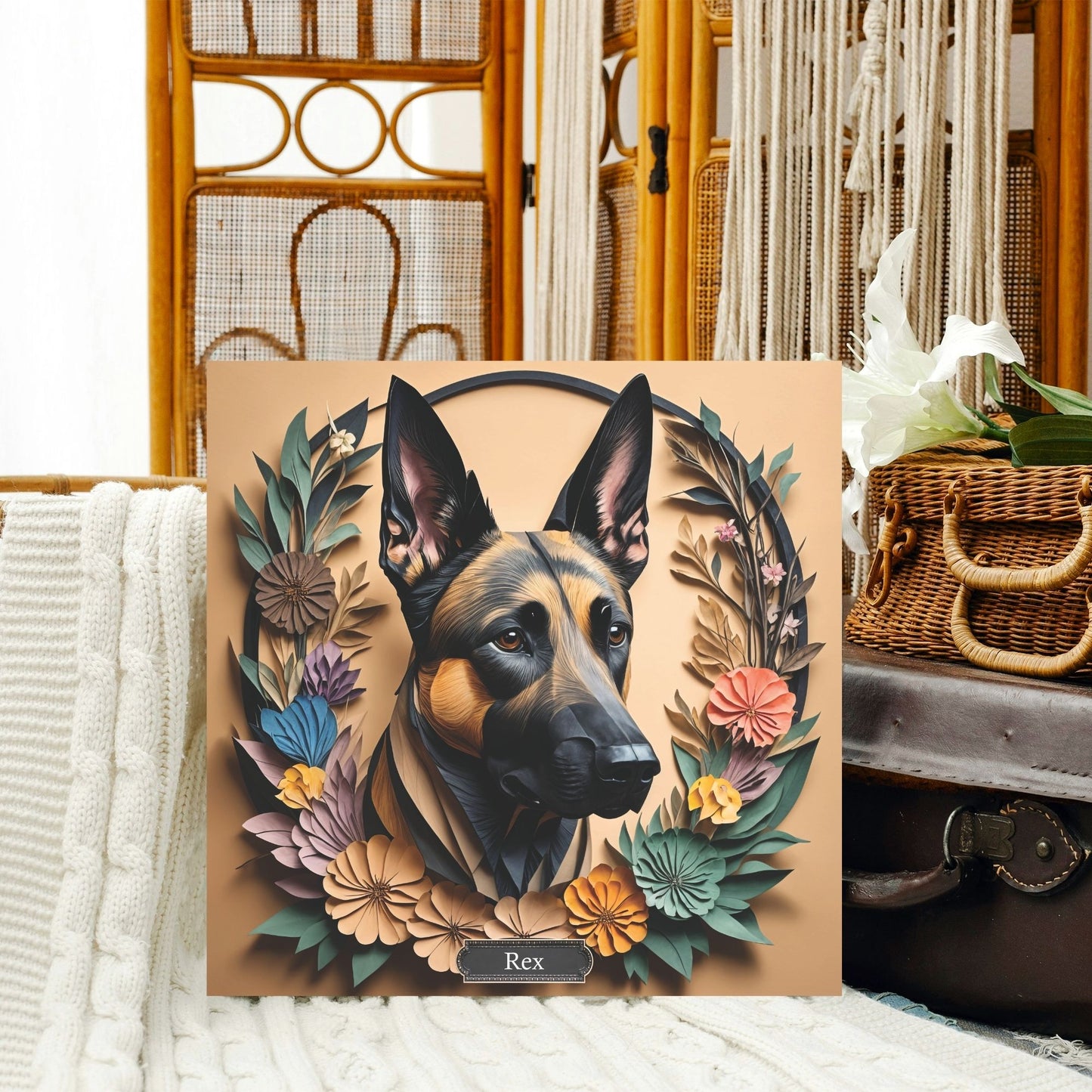 Belgian Malinois Canvas Art, Vintage Papercut Imitation Design