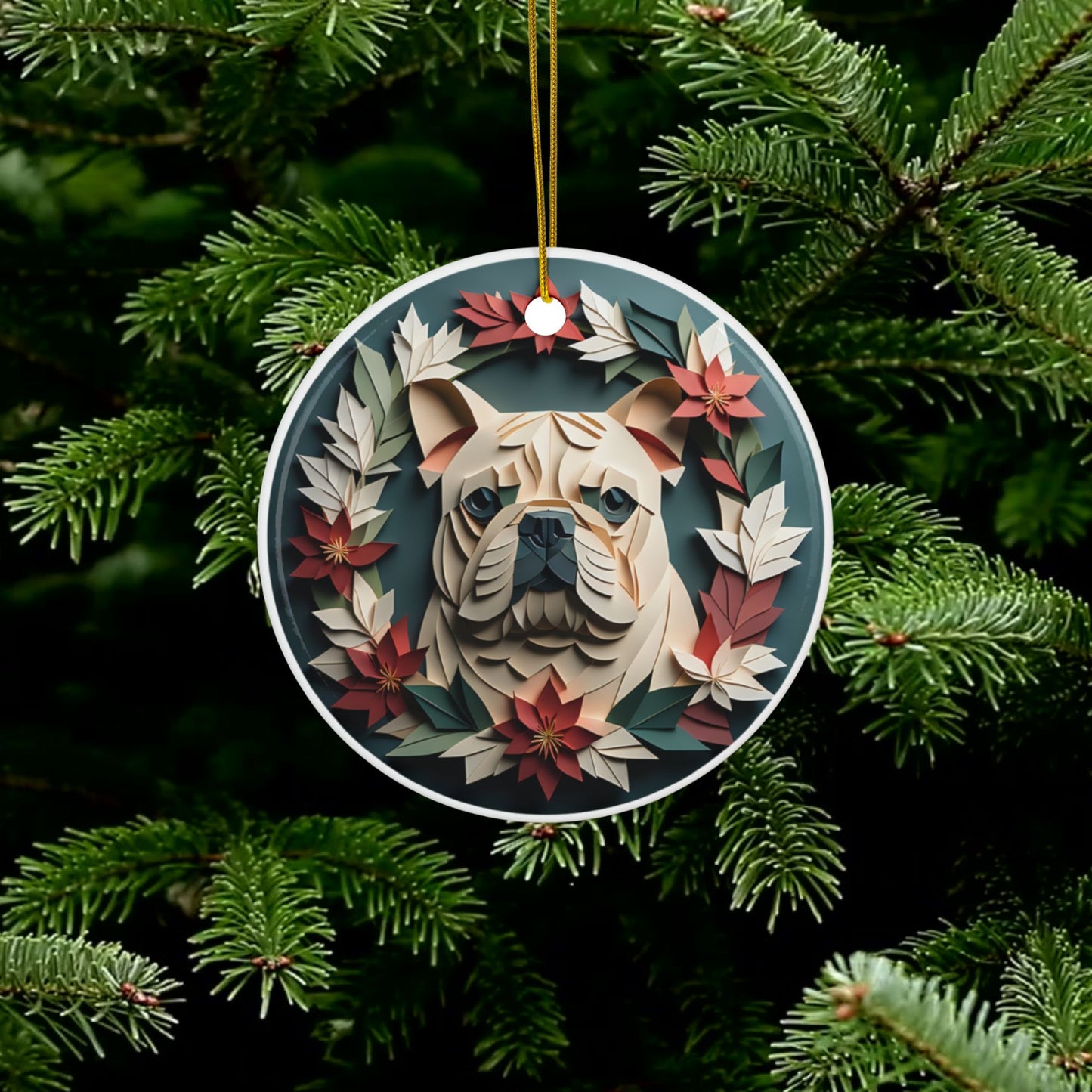 English Bulldog in Vintage Wreath Collectible Christmas Ornament