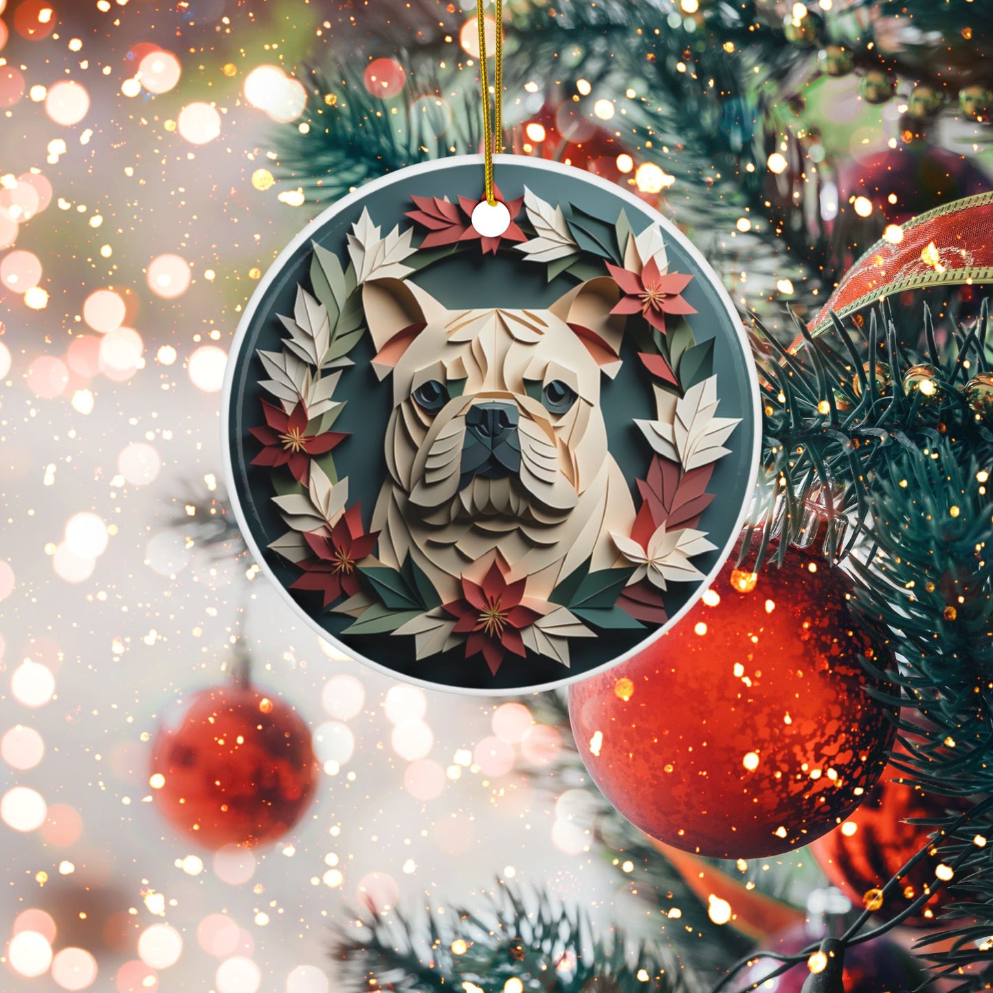 English Bulldog in Vintage Wreath Collectible Christmas Ornament