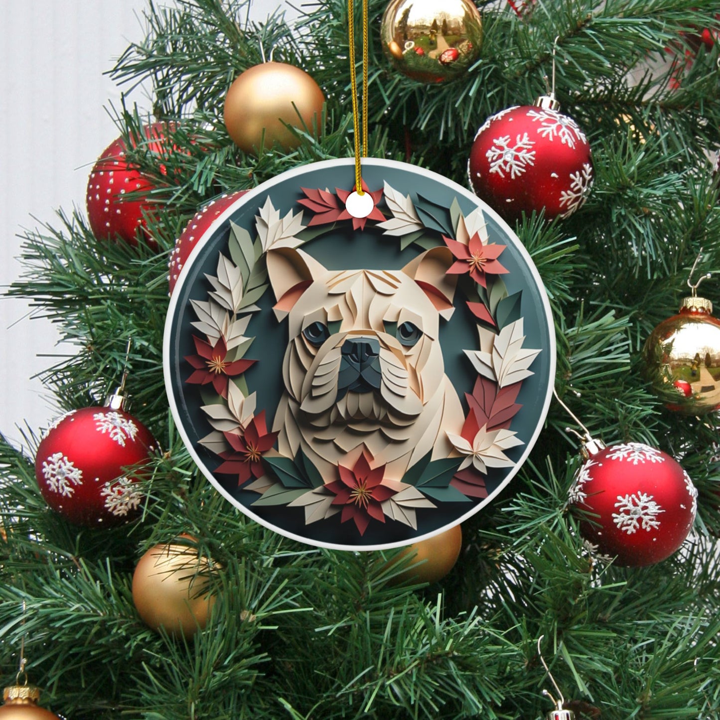English Bulldog in Vintage Wreath Collectible Christmas Ornament