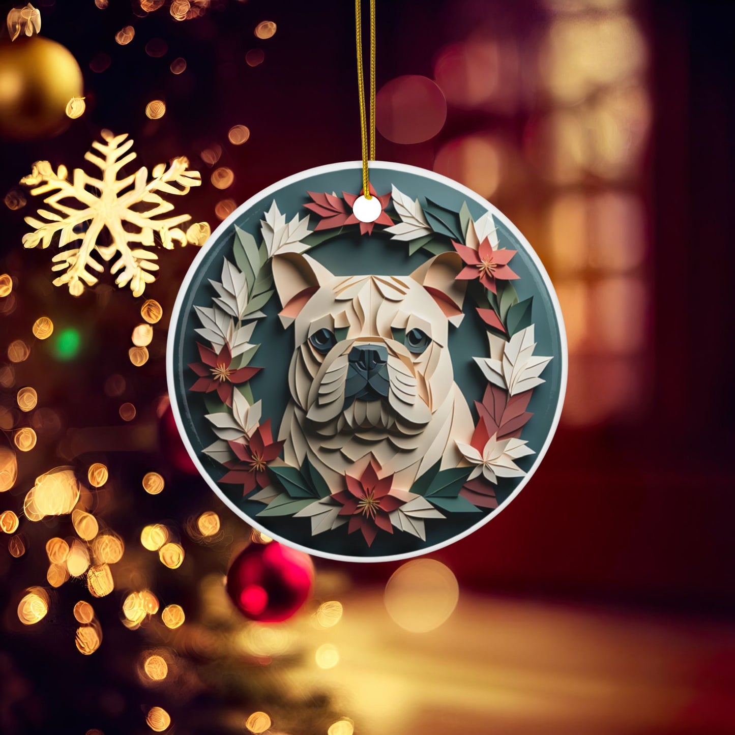 English Bulldog in Vintage Wreath Collectible Christmas Ornament