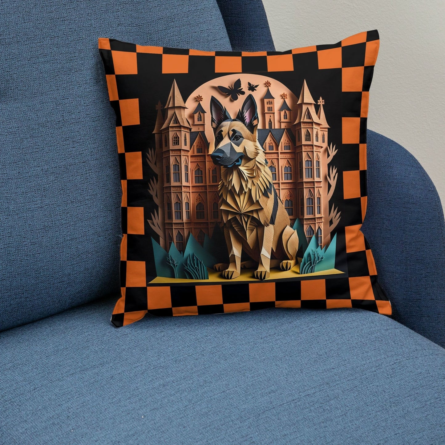 German Shepherd Halloween Pillow - Shepherd Lover Spooky Checkerboard Design Pillow