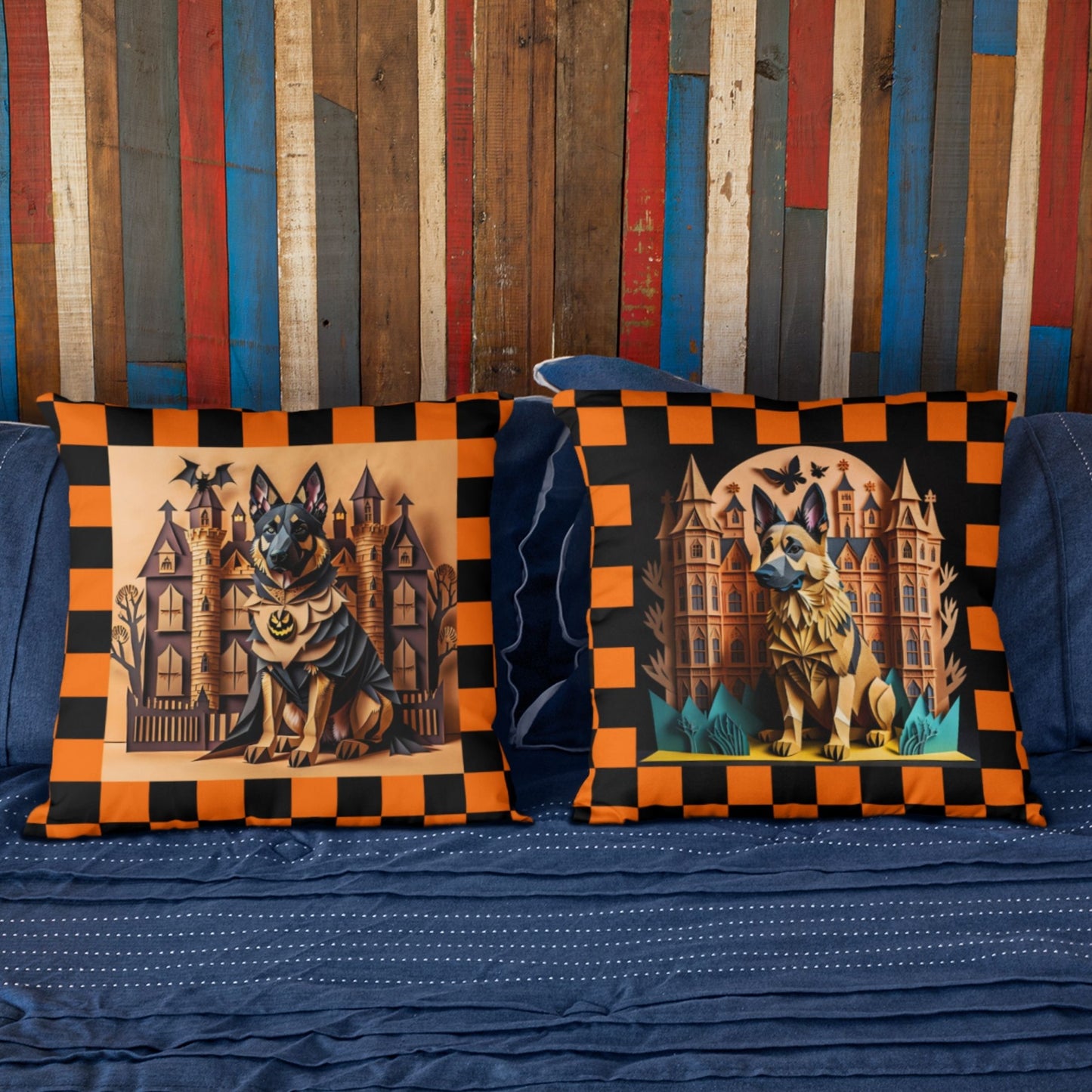 German Shepherd Halloween Pillow - Shepherd Lover Spooky Checkerboard Design Pillow