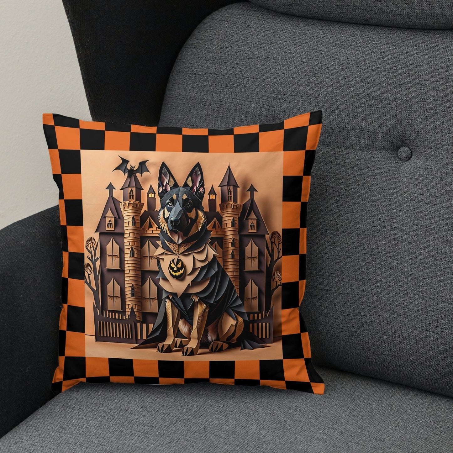 German Shepherd Halloween Pillow - Shepherd Lover Spooky Checkerboard Design Pillow