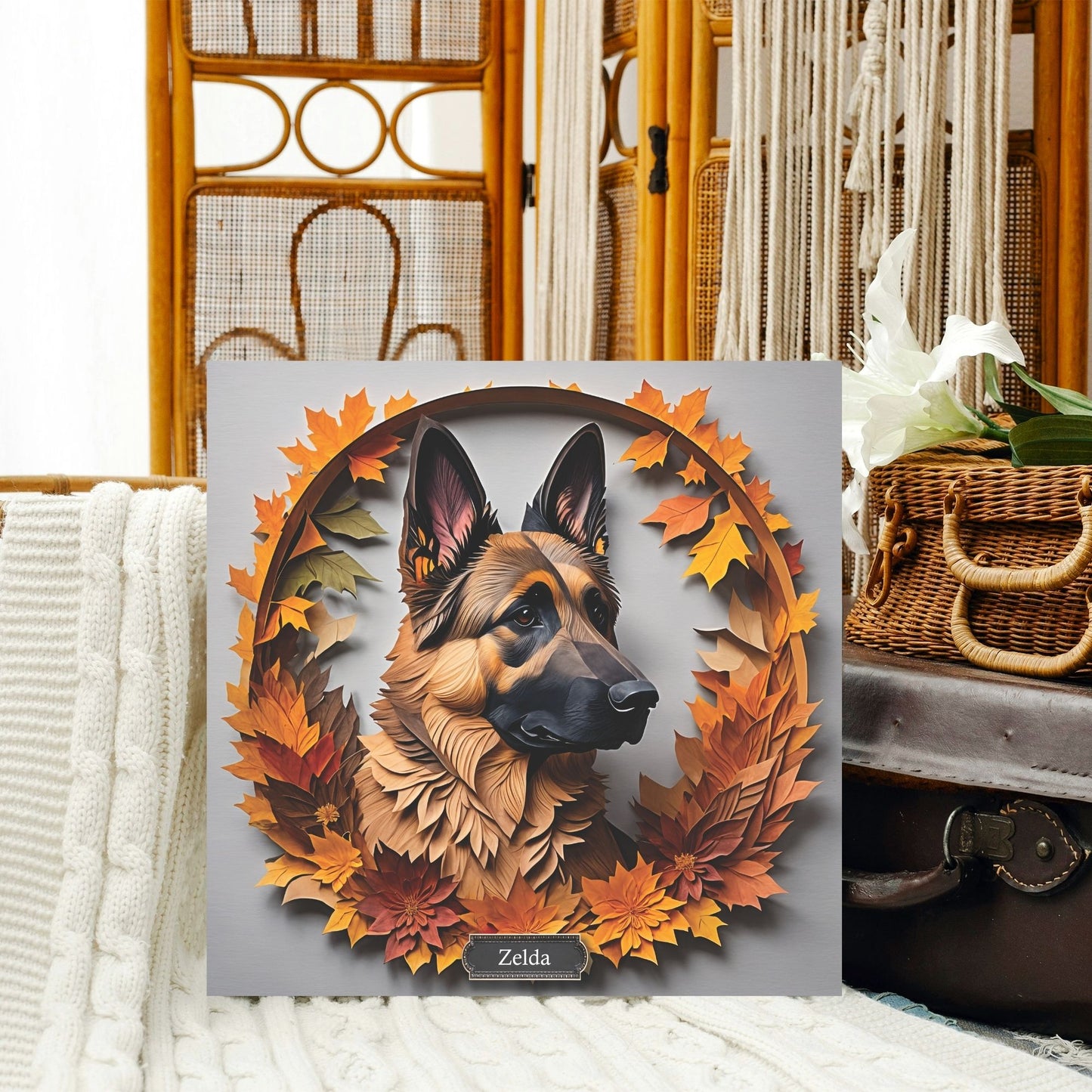 German Shepherd Canvas with Fall Leaves Wreath - Craft Style 3D Illusion Art with Name Personalization