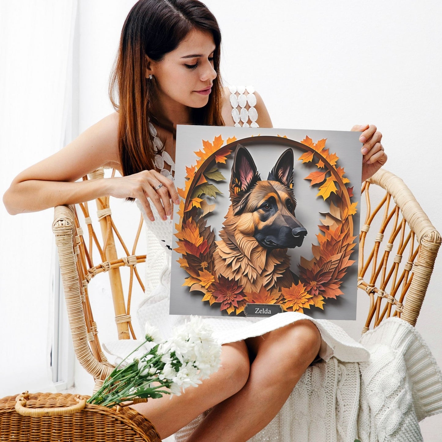 German Shepherd Canvas with Fall Leaves Wreath - Craft Style 3D Illusion Art with Name Personalization