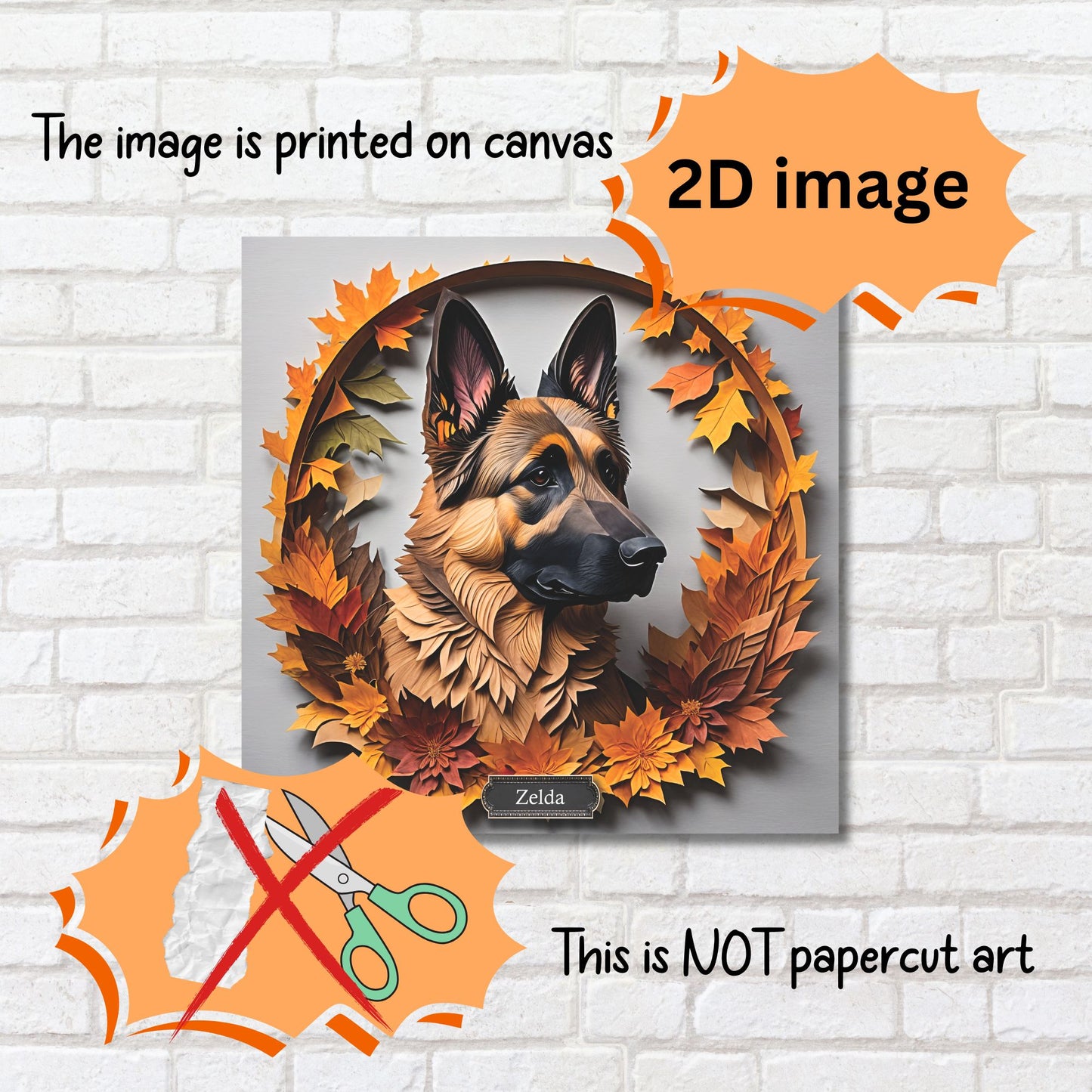 German Shepherd Canvas with Fall Leaves Wreath - Craft Style 3D Illusion Art with Name Personalization