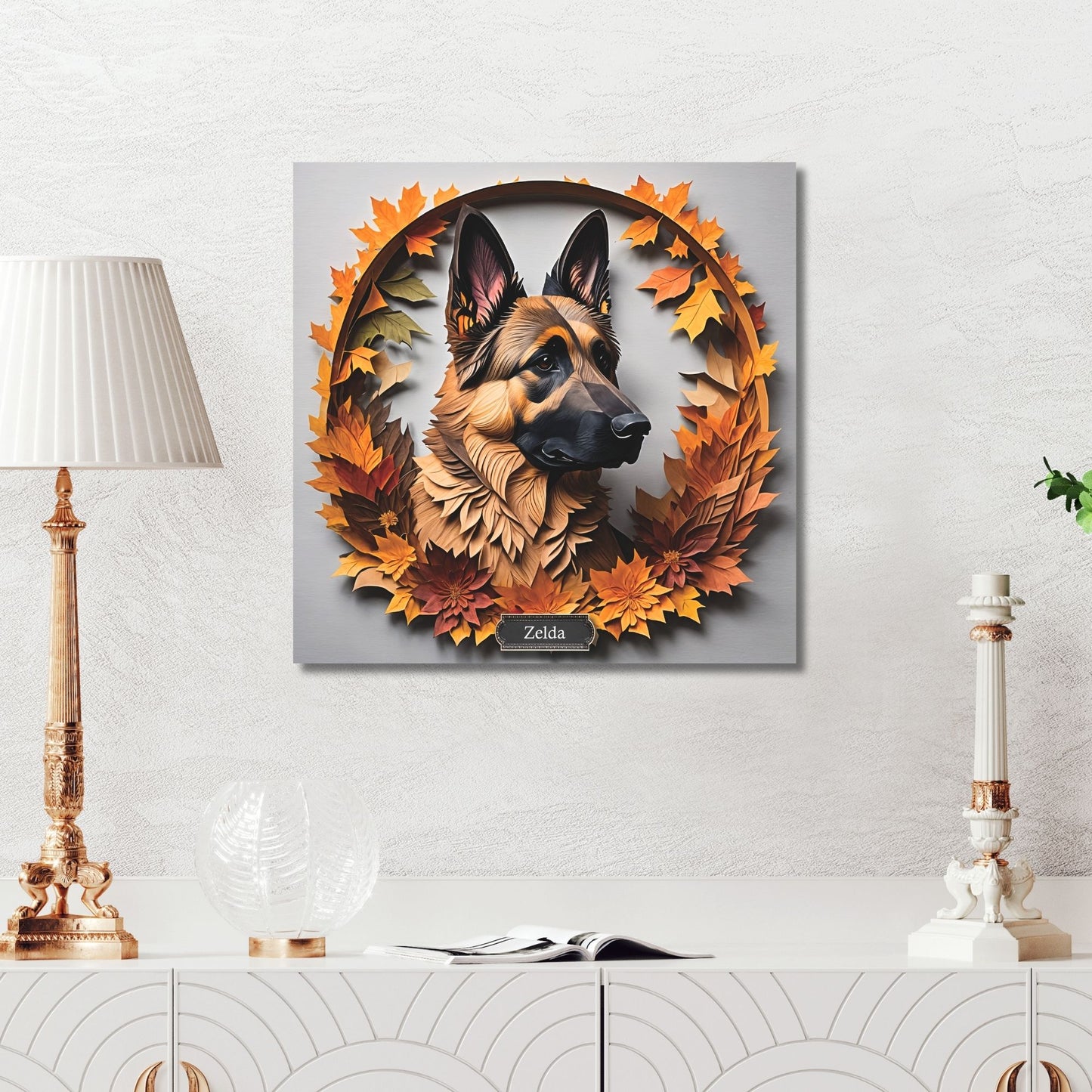 German Shepherd Canvas with Fall Leaves Wreath - Craft Style 3D Illusion Art with Name Personalization