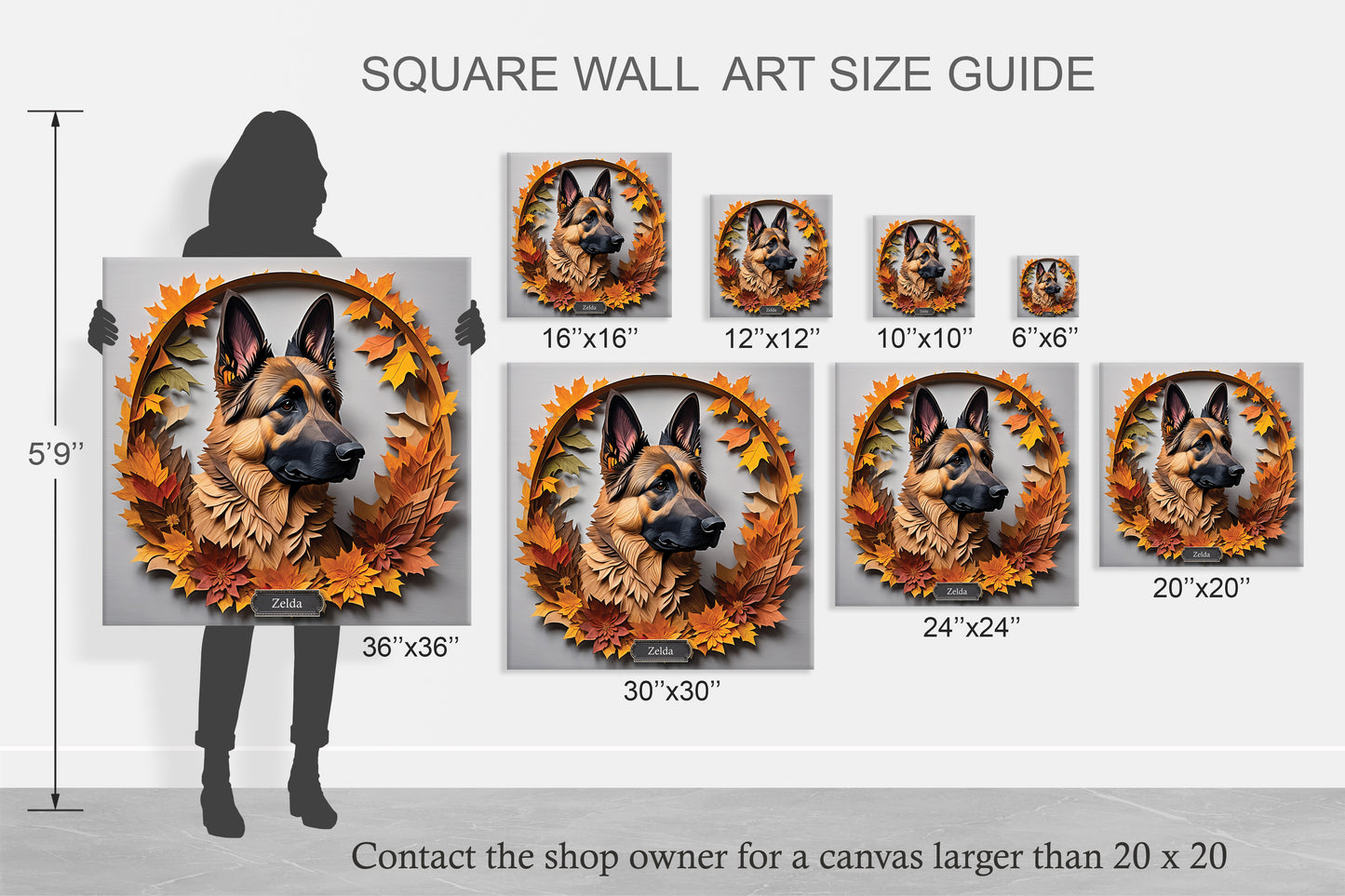 German Shepherd Canvas with Fall Leaves Wreath - Craft Style 3D Illusion Art with Name Personalization