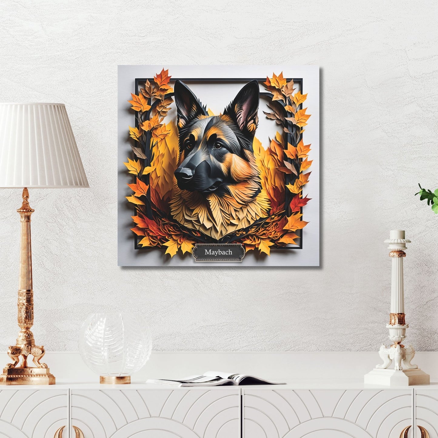 Regal German Shepherd with Golden Autumn Foliage - 3D Illusion Art with Name Personalization