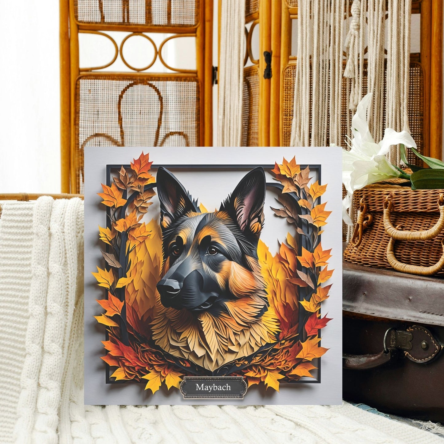 Regal German Shepherd with Golden Autumn Foliage - 3D Illusion Art with Name Personalization