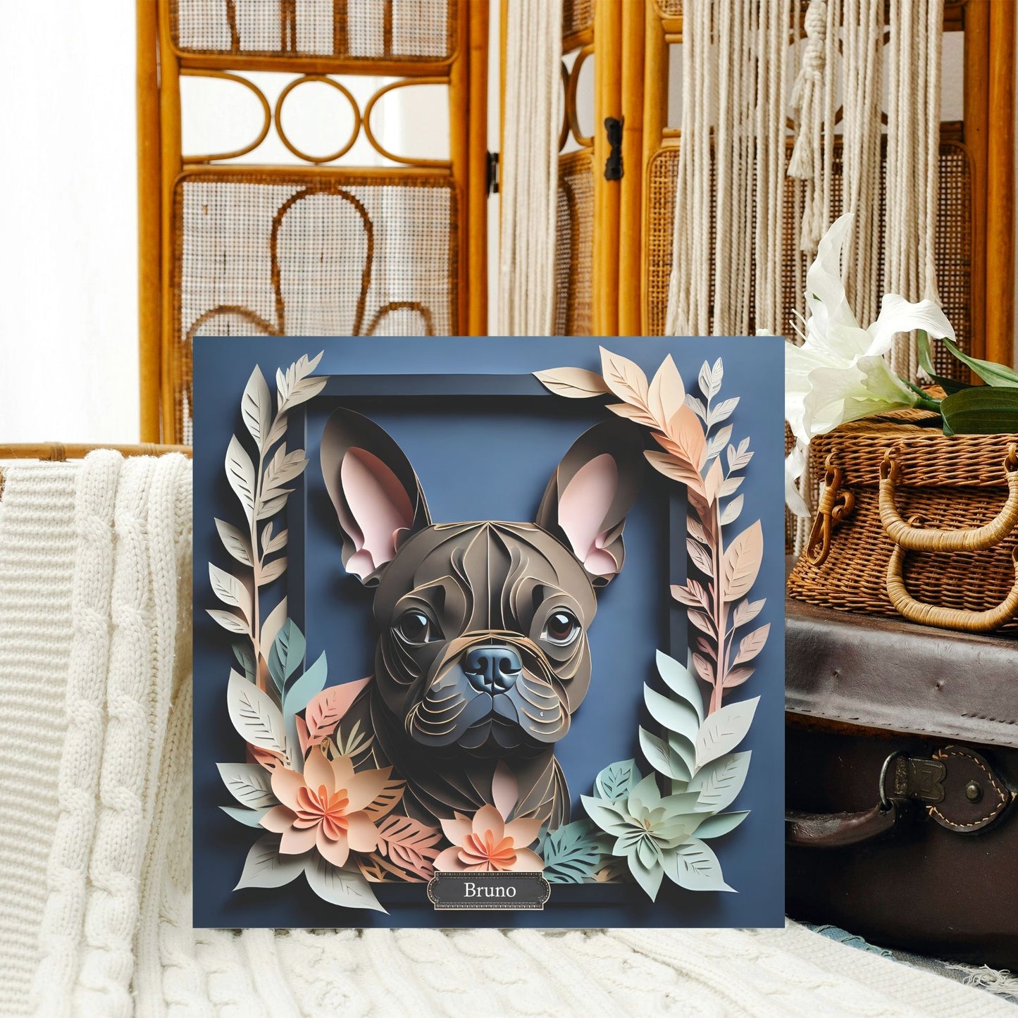 Navy Elegance French Bulldog - Faux Papercut Print with Deep Blue Backdrop