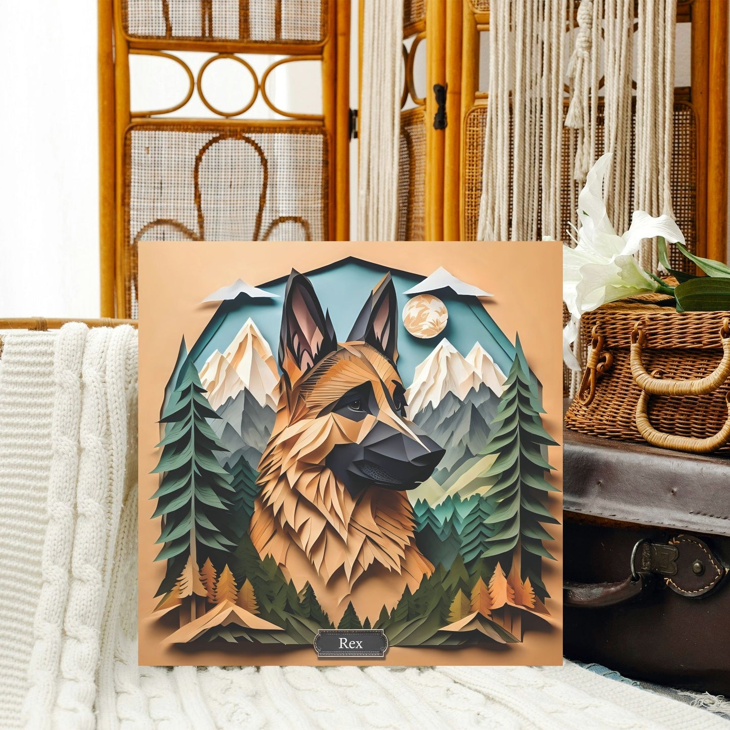 German Shepherd Mountain Portrait Print on Canvas - 3D Illusion Art with Name Personalization