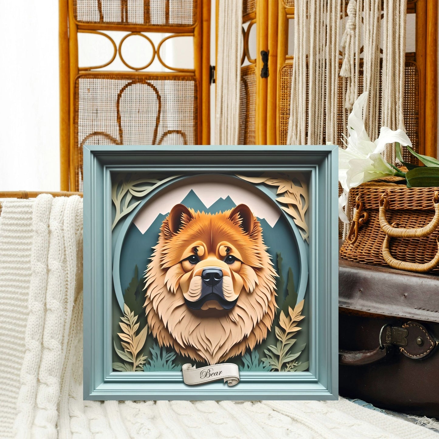 Chow Chow Mountain Scene Wall Art - Personalized Dog Name Pet Portrait