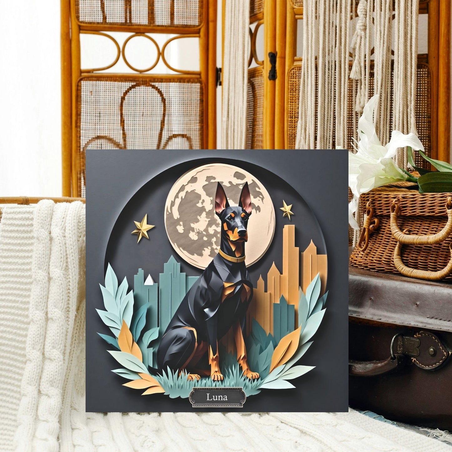 Doberman Wall Art with Moon and Stars - Unique Pet Memorial Home Decor - Dobie Mom or Dad Gift