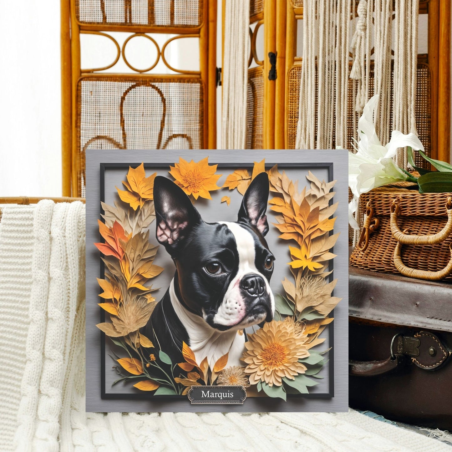 Boston Terrier Fall Art - Canvas Print 3D Illusion Art with Name Personalization