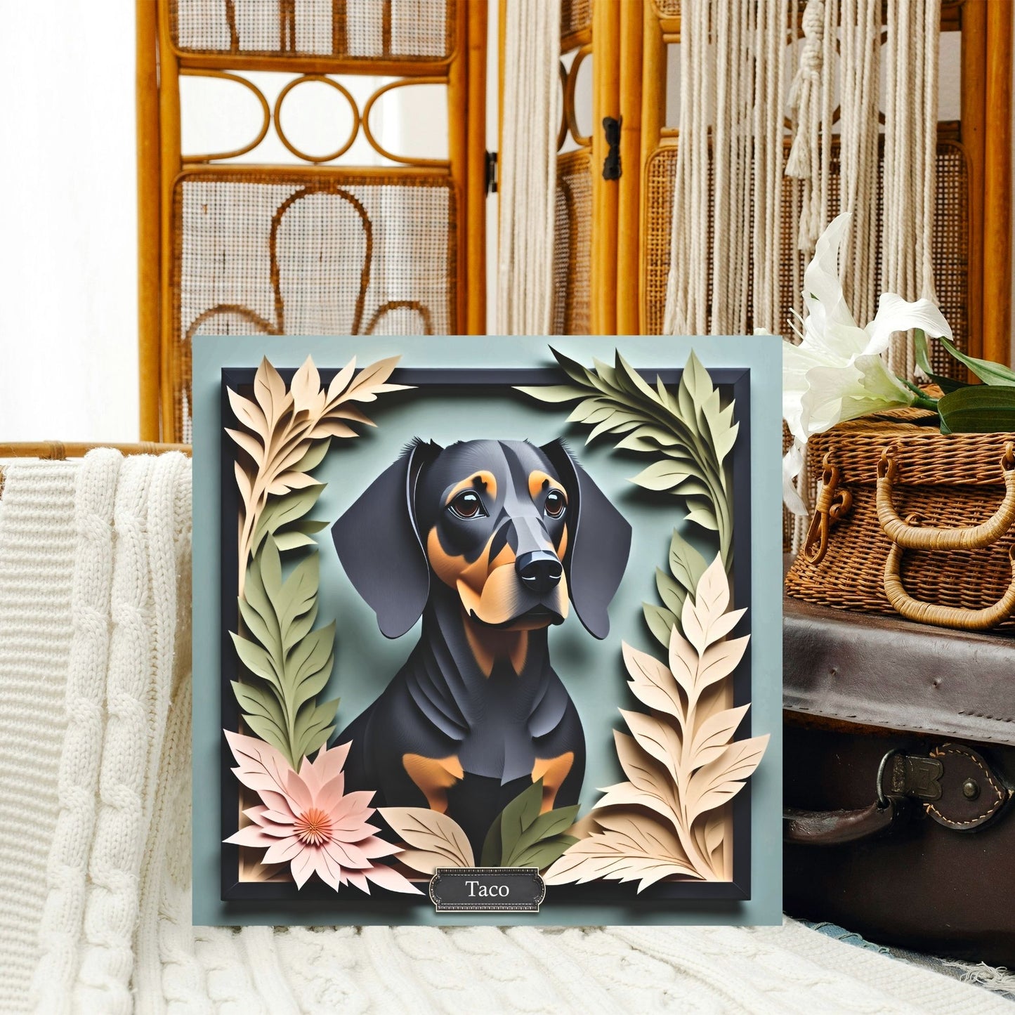 Black Dachshund Botanical Frame Wall Art - Custom Pet Name Artwork