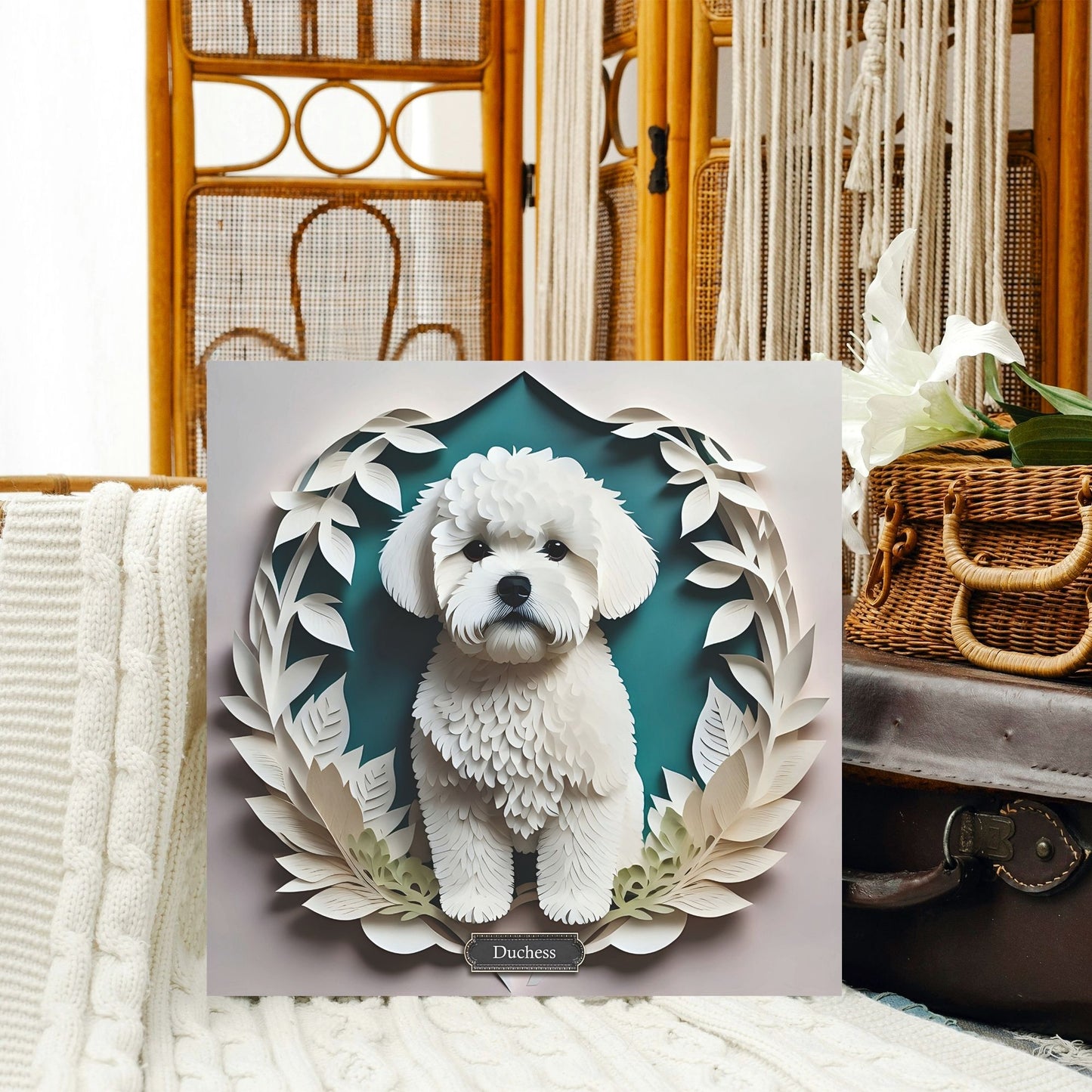 Bichon Frise Portrait in White Leaves - Bichon Mom or Dad Gift