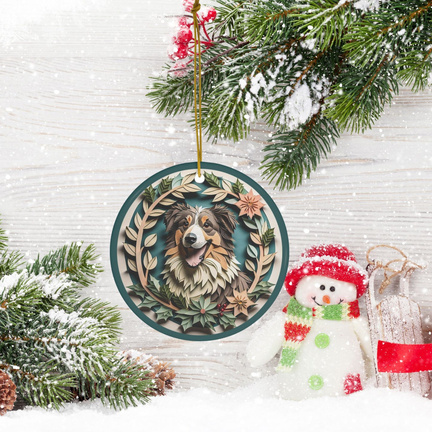 Australian Shepherd Collectible Dog Breed Ceramic Ornament - Vintage Papercut Inspired Design