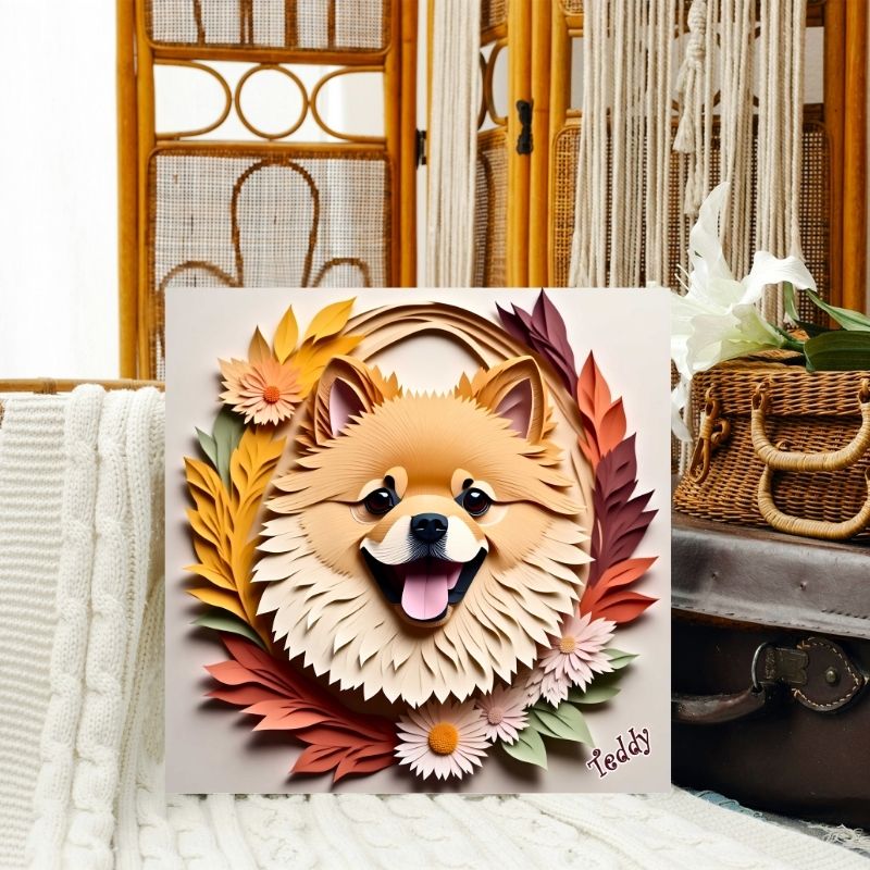 Fall Pomeranian Wall Art Canvas - 3D Illusion Dog Portrait with Flowers