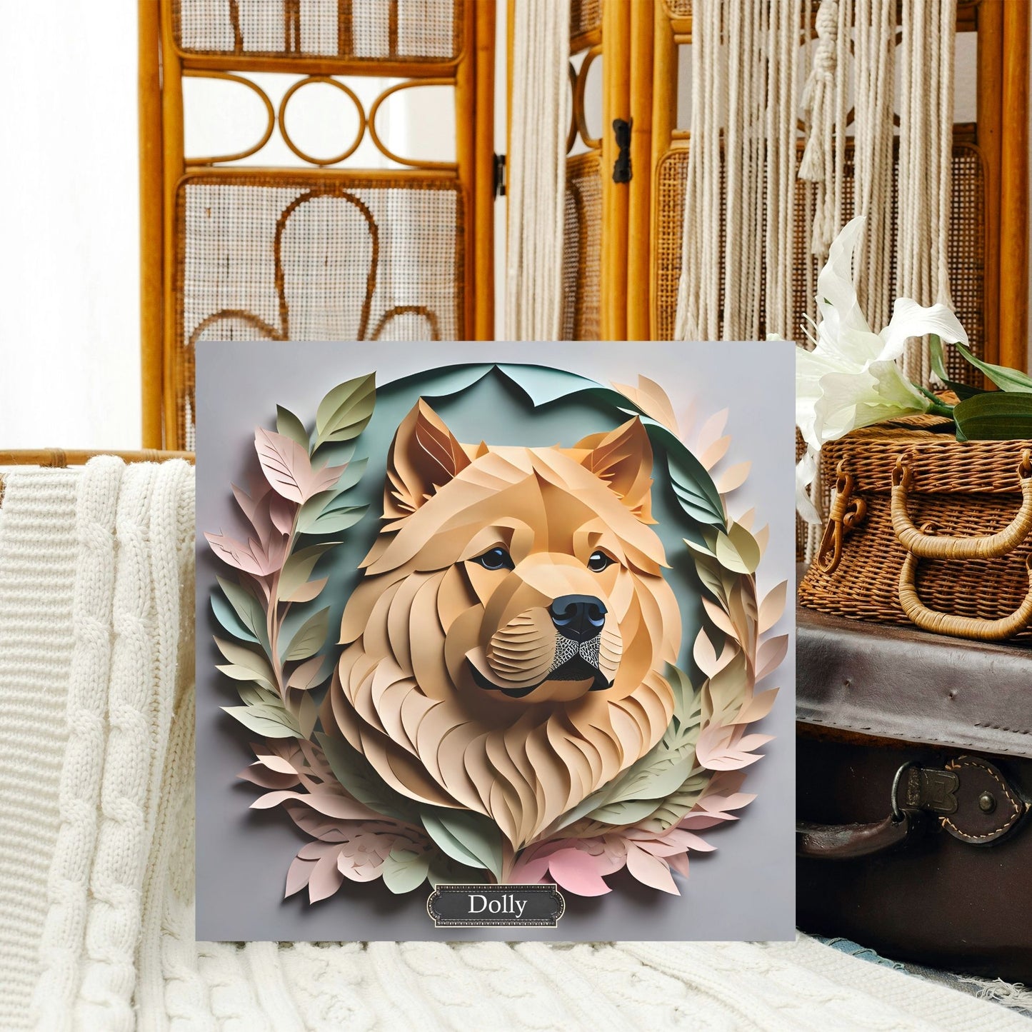 Chow Chow Portrait on Canvas in Pastel Floral Arrangement - Papercut Imitation Dog Lover Wall Art