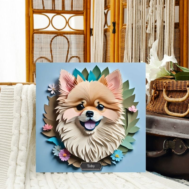 Pomeranian Wall Art Canvas - Faux Papercut Dog Portrait with Greenery and Flowers