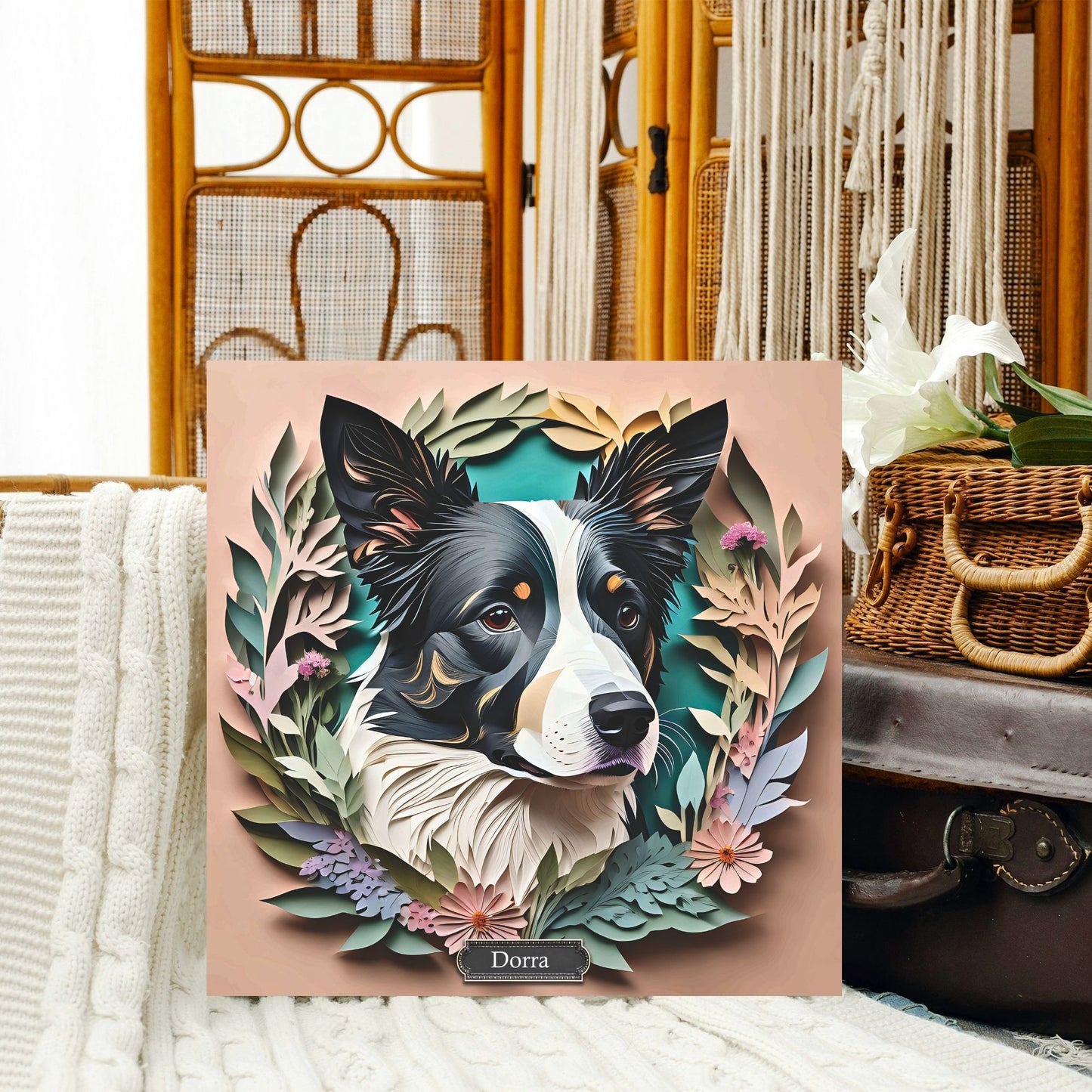 Border Collie in Floral Arrangement - 3D Illusion Art with Name Personalization