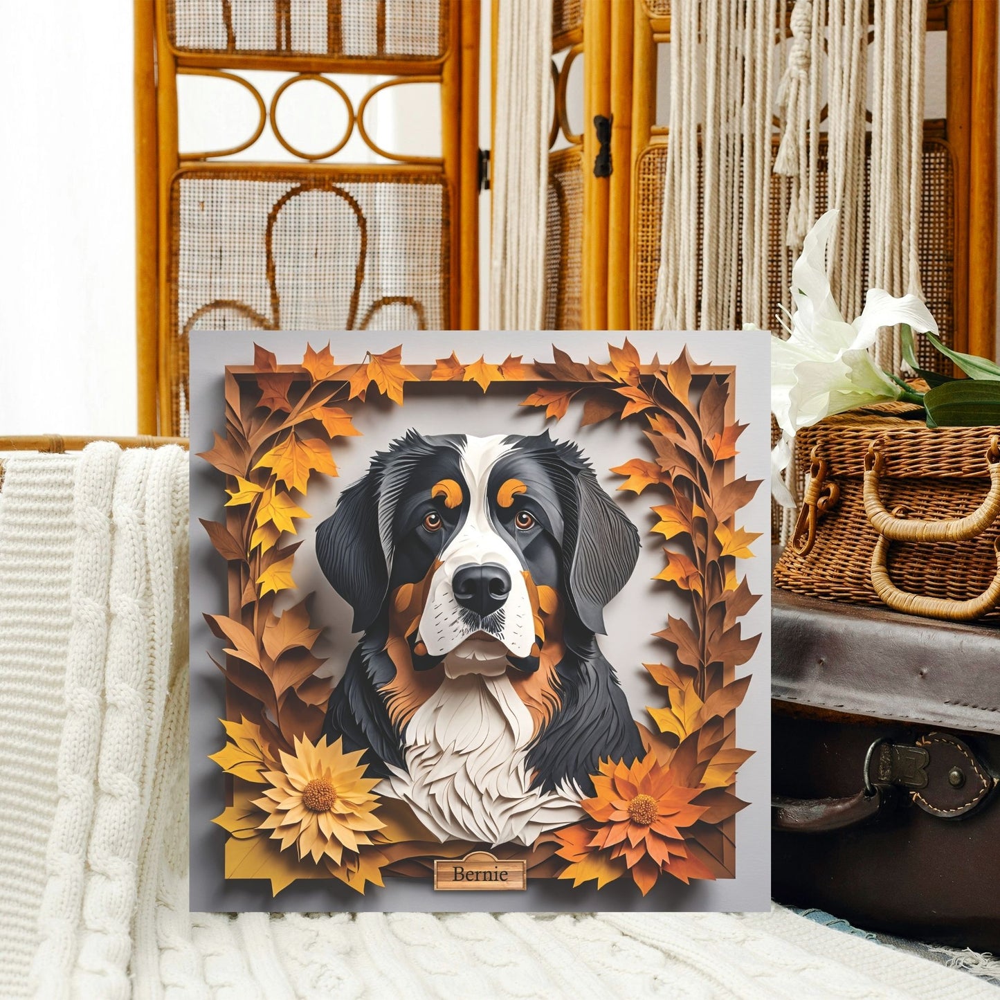 Bernese Mountain Dog Portrait in Fall Leaves, Bernese Mt. Dog Canvas Wrap, 3D Illusion Art with Name Personalization