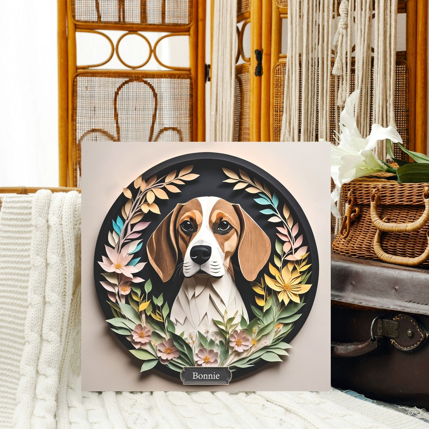 Beagle Portrait in Circular Vignette with Name Personalization, Beagle Lover Perfect Gift, Unique Beagle Mom Dad Gift, Beagle Memorial