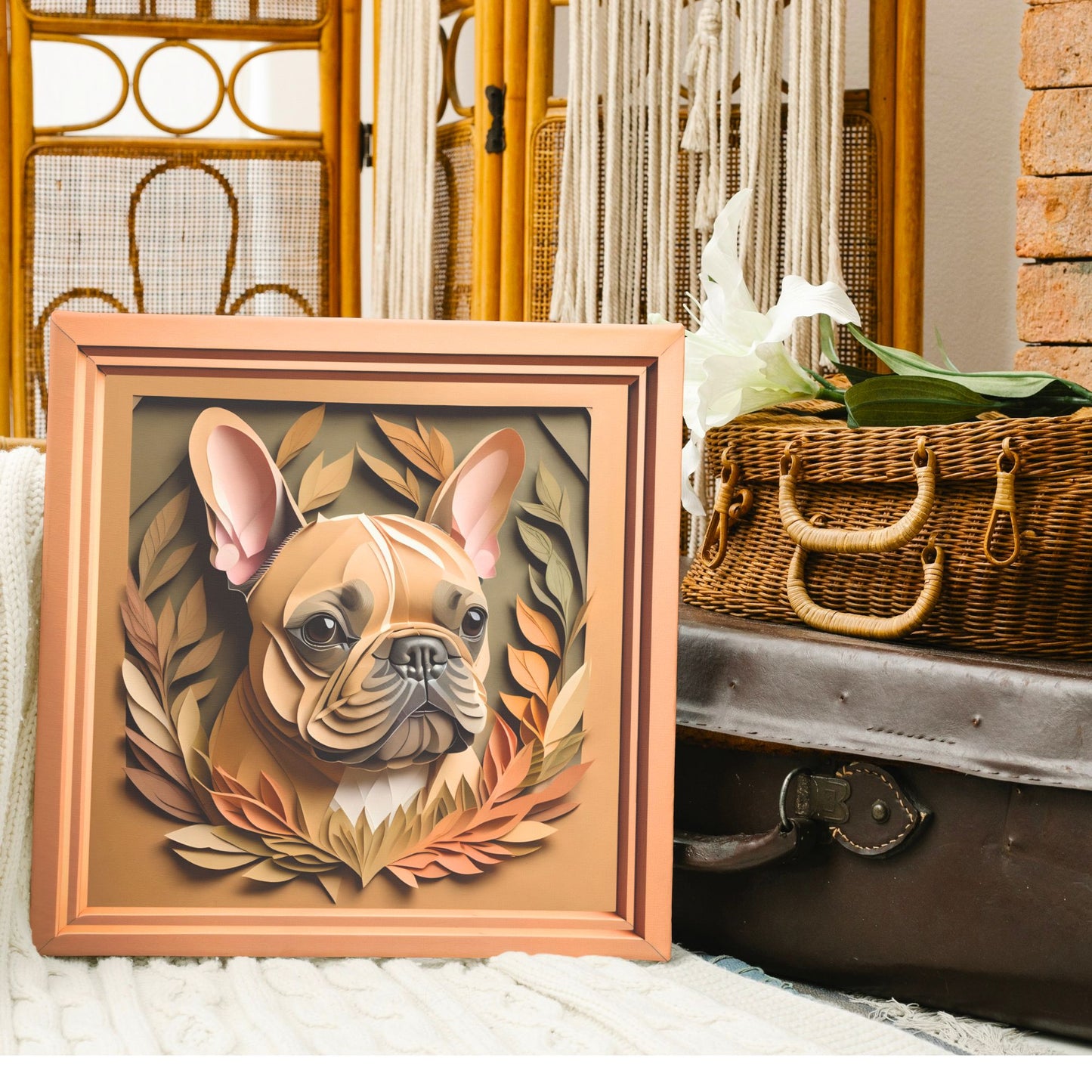 French Bulldog Portrait in Natural Colors - Faux Papercut 3D Illusion Dog Lover Wall Art