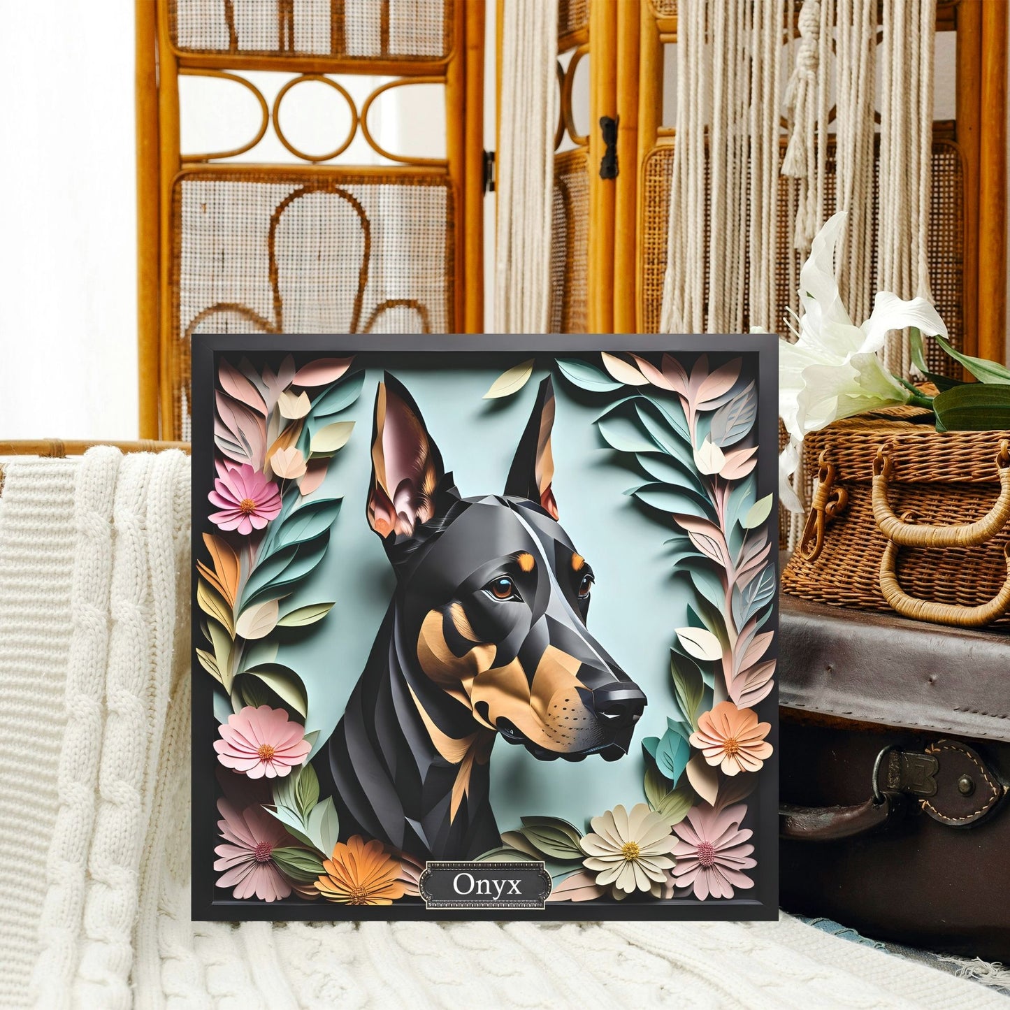 Doberman Canvas Portrait in Faux Black Frame - Dobie Lover Wall Art with Name Personalization