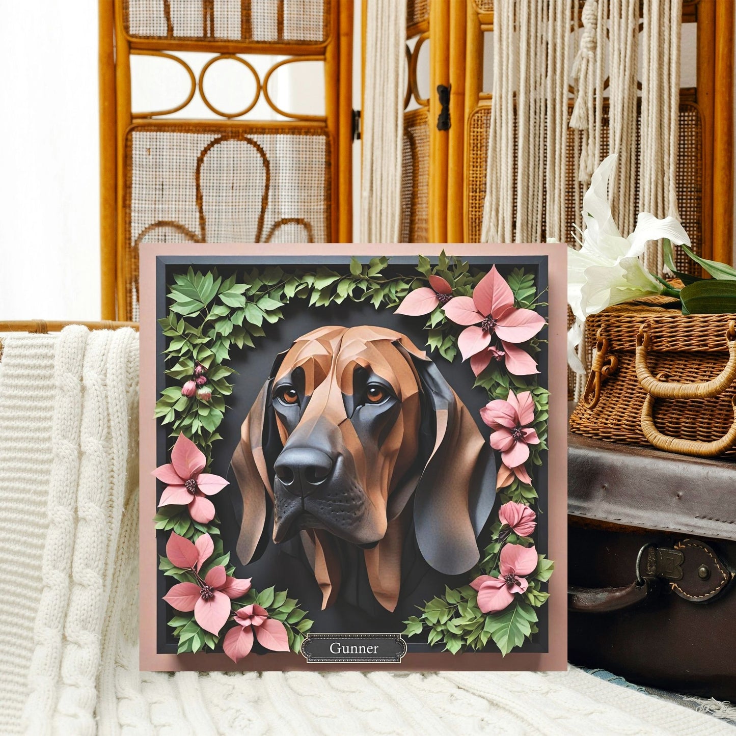 Bloodhound Floral Canvas Print - 3D Illusion Dog Portrait Gift for Pet Lover