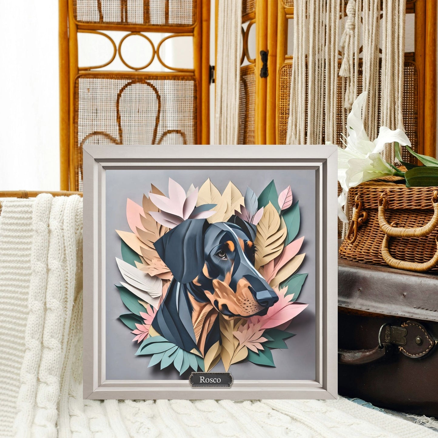 Doberman Portrait in Pastel Leaves - Doberman Lover Wall Art - Dobie Memorial Gift