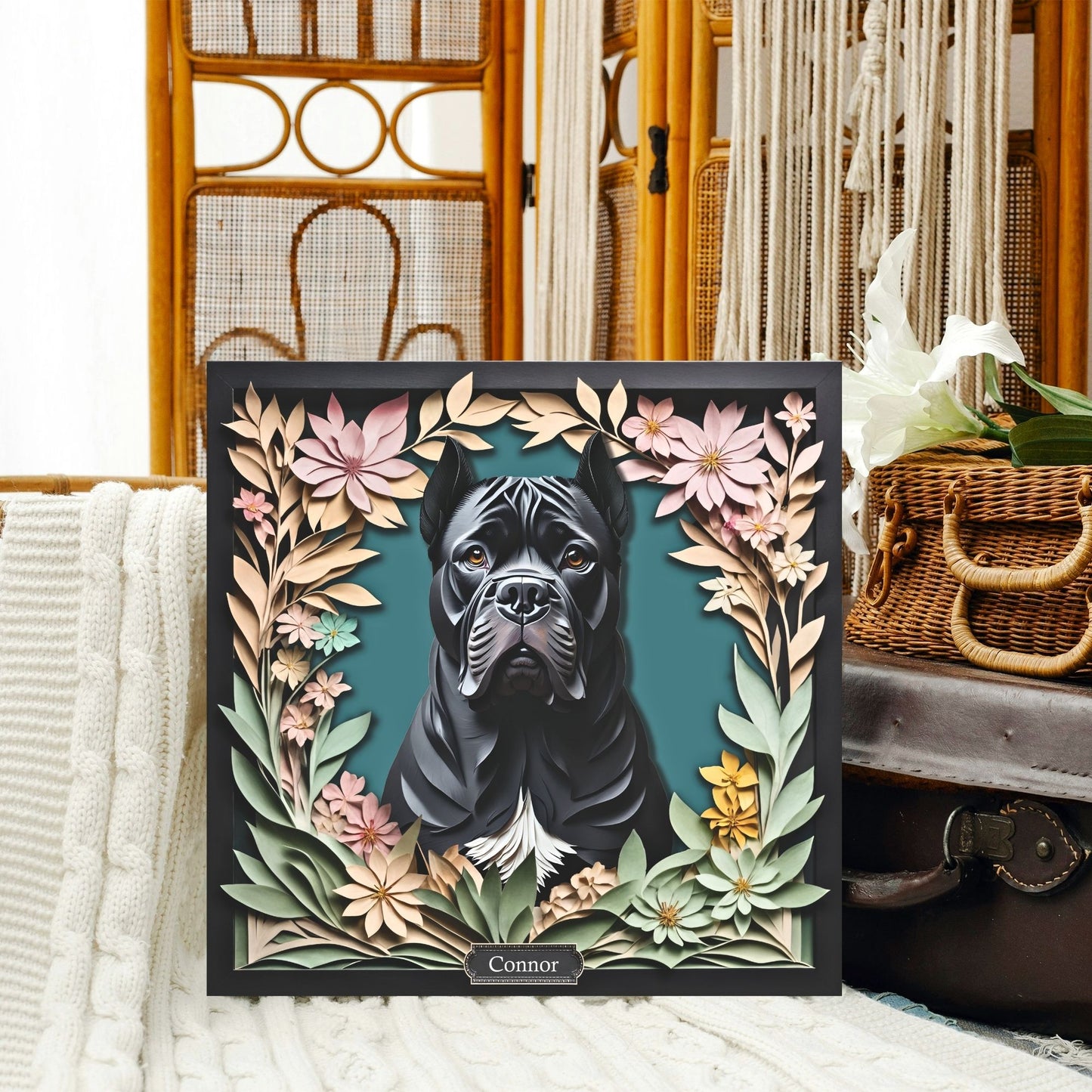 Black Cane Corso with Cropped Ears - 3D Illusion Art, Personalized Dog Memorial Gift